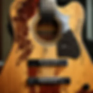 A close-up view of a guitar with detailed strings and frets.