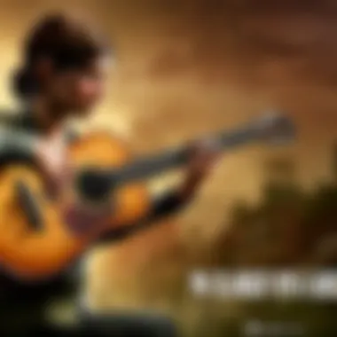 A gameplay scene showcasing a character interacting with the guitar.