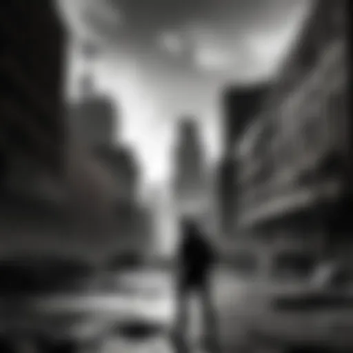 Mysterious silhouette in the decaying cityscape