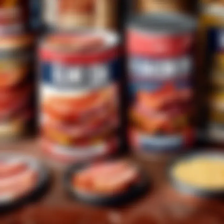 Stack of canned bacon with ration packs in the background