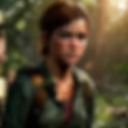Ellie facing a looming threat in a post-apocalyptic setting