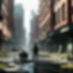 Dystopian cityscape with overgrown buildings and abandoned vehicles