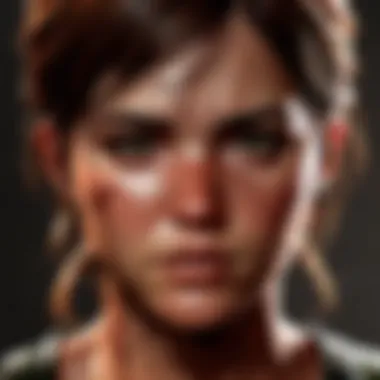 Close-up of Ellie's intense gaze in the statue