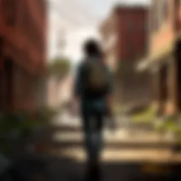 Ellie standing in a post-apocalyptic cityscape