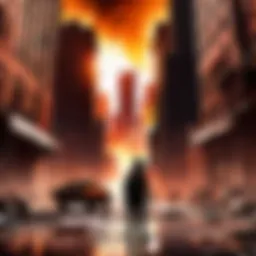 Apocalyptic cityscape engulfed in flames