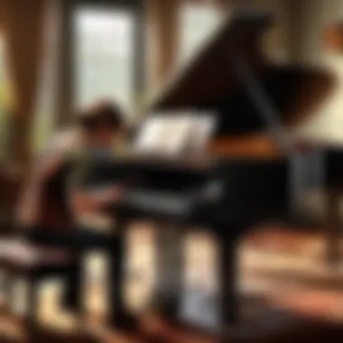 Elegant silhouette of a singer harmonizing with a grand piano