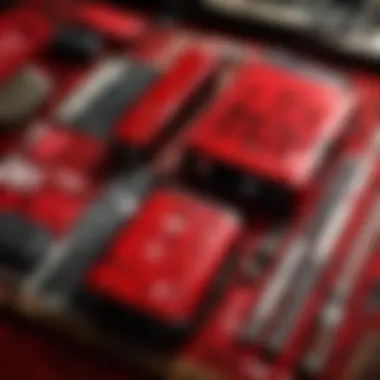 An array of customizable red PC accessories including keyboards and mice.