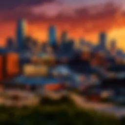 A scenic view of the Kansas City skyline at sunset