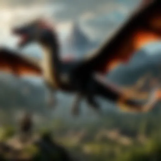 A dramatic scene showcasing the dragon soaring over a mystical landscape