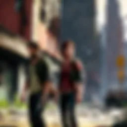 Ellie and Joel facing a post-apocalyptic cityscape