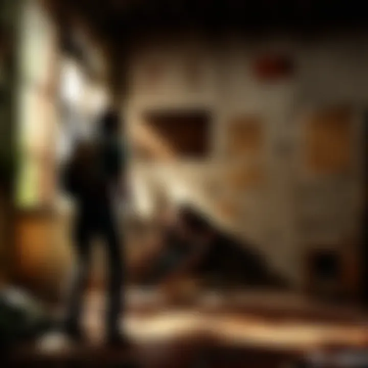 A shadowy figure lurking in the depths of a dilapidated building, embodying the essence of the Part Hunters.