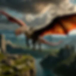 A dramatic scene featuring dragons soaring over a medieval landscape.