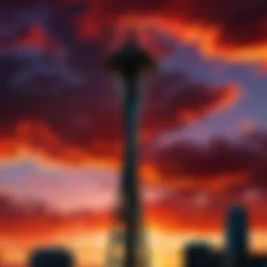 Seattle's iconic Space Needle against a dramatic sunset backdrop