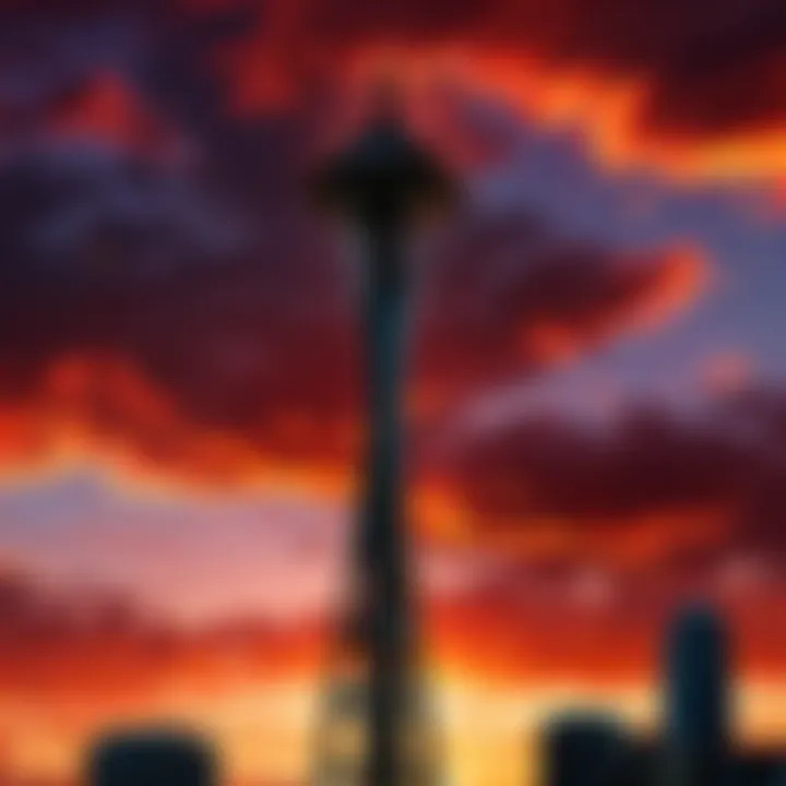 Seattle's iconic Space Needle against a dramatic sunset backdrop