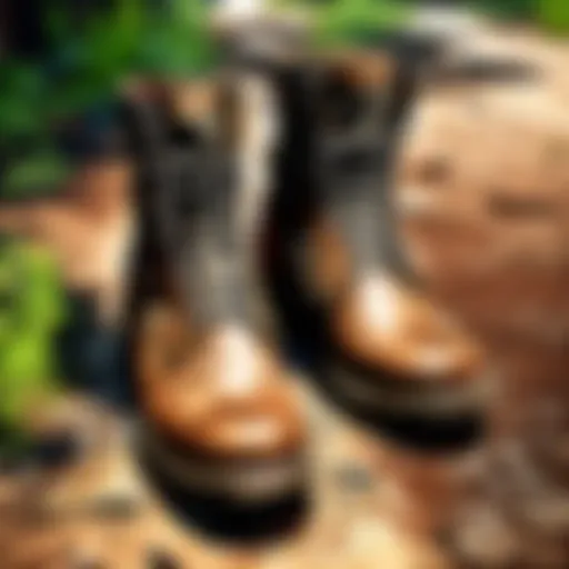 Pair of weathered boots on a rugged terrain