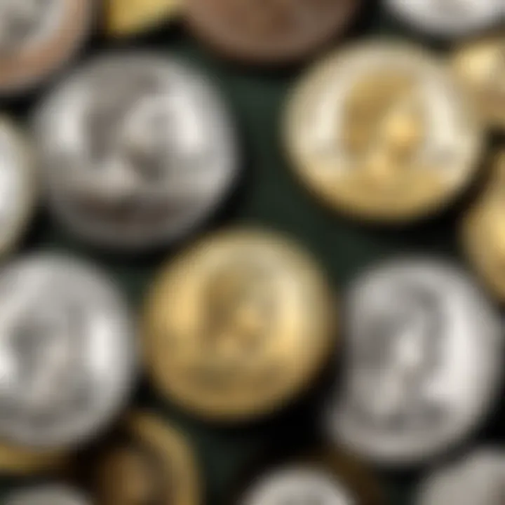 A collection of rare coins displayed elegantly on a velvet surface