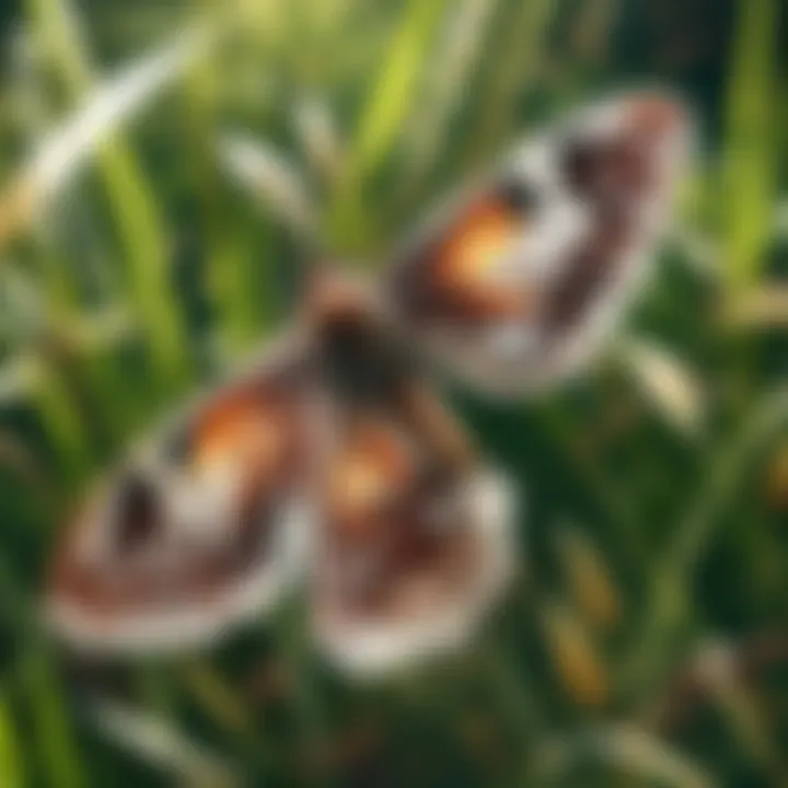 Close-up of a moth resting on a blade of grass