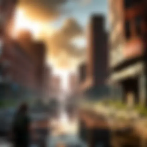 Artistic depiction of a post-apocalyptic cityscape in The Last of Us 2 on Xbox