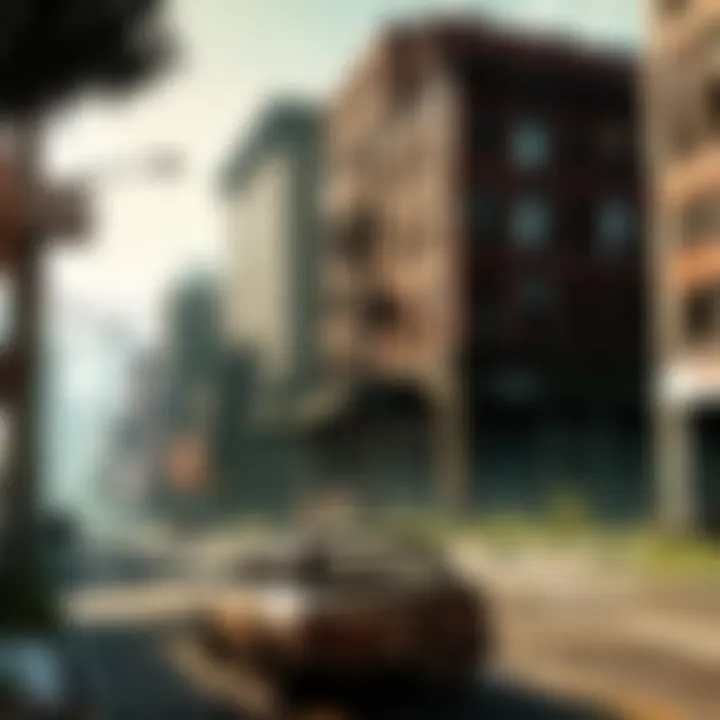 The Last of Us game scene with a post-apocalyptic cityscape