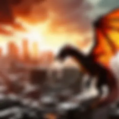 Fiery dragon breathing metallic flames over a futuristic cityscape