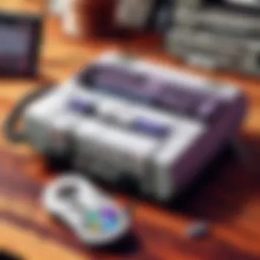 Detailed close-up of SNES console with glowing power button