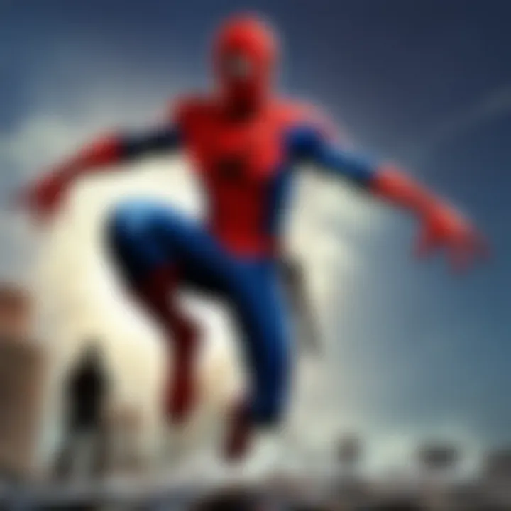 Detailed close-up of Spider-Man in action, showcasing his iconic red and blue suit