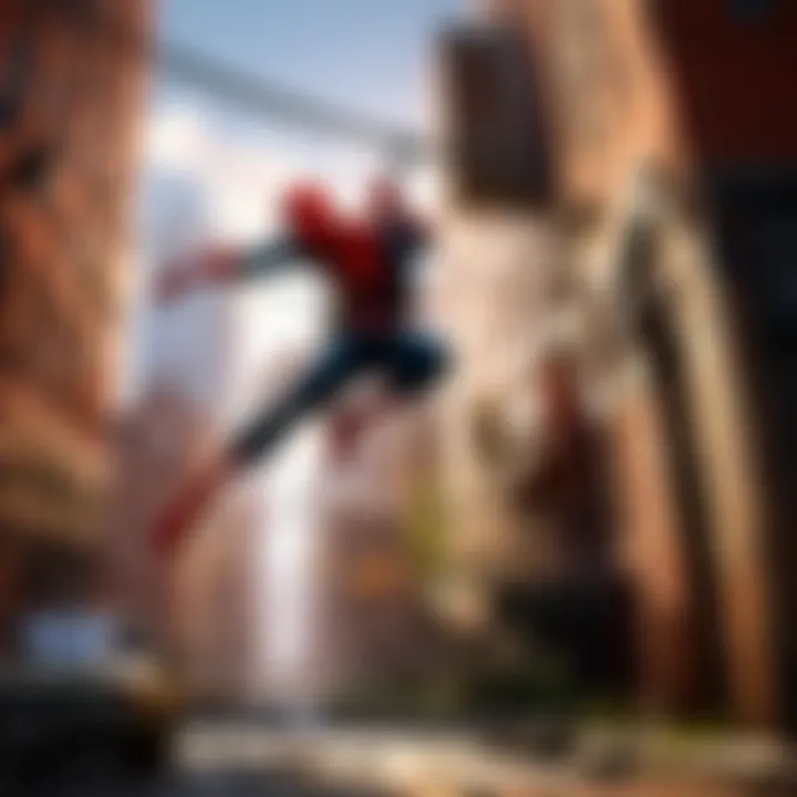 Vivid depiction of Spider-Man swinging through the city skyline