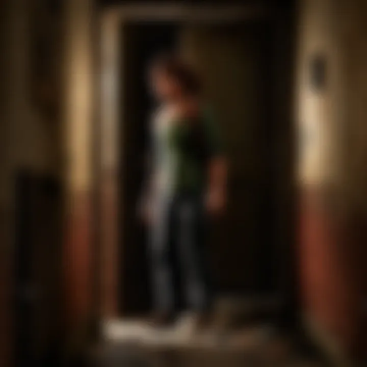 A character standing in a dimly lit room, listening intently to the creaks around.