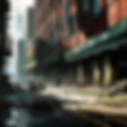 Ellie and Joel facing a post-apocalyptic cityscape