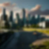 Aerial view of Vancouver skyline with film crew setting up equipment